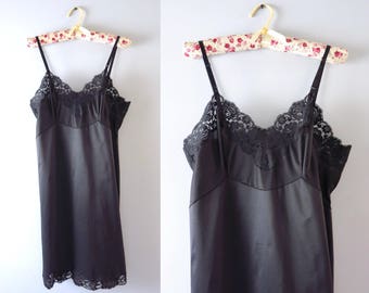 Vintage Black Slip Dress | 1960s Vanity Fair Black Roses Nylon Slip Dress S