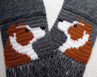 Red Border Collie Scarf. Charcoal gray, knit scarf with red border collie dogs. Knitted dog scarf. Collie dog gift