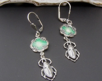 Scarab Earrings, Insect Earrings, Egyptian Jewelry, Green Earrings, Silver Earrings, Insect Jewelry, Great Gift