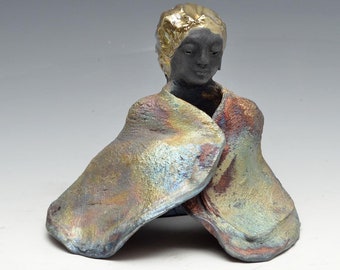 Seated Kwan Yin Goddess Kannon Statue in Shimmering and Earthy Raku Robe