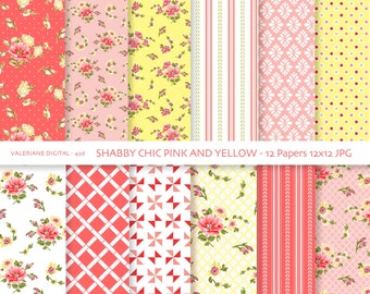 Shabby Chic Digital paper pack in pink and yellow, digital backgrounds, Cottage Papers, 12 jpg files 12x12 - INSTANT DOWNLOAD Pack 426