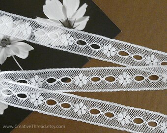 10 Yards, English Vintage Heirloom Lace, Cotton Lace Beading, Ribbon Insertion, Doll Lace, Bridal Lace, Lingerie Lace, 3/4" W - White - N103