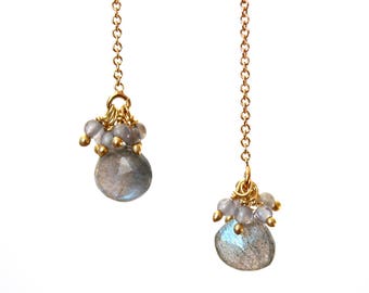 Labradorite and Grey Moonstone Earrings/Handmade Jewelry/Threader Earrings/Pull Through Earrings