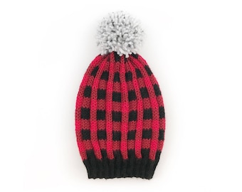 Red buffalo plaid hat, Knit plaid hat, Plaid hat, Slouchy winter hat, Knit slouchy hat, Flannel hat, Lumberjack hat
