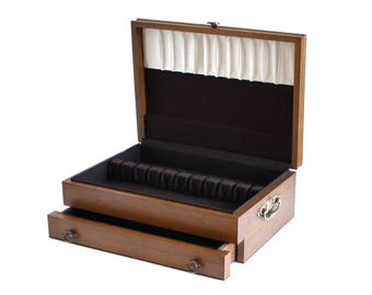 Wood Silverware Case with Drawer, Empty Flatware Storage Chest Wooden, Anti Tarnish Silvercloth, 1980s Kitchen