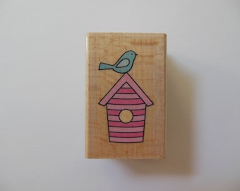 Bird on a Birdhouse Rubber Stamp - Wood Mounted Rubber Stamp