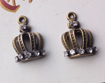 Rhinestone Crown Charms Antique Bronze Finish lot of 2