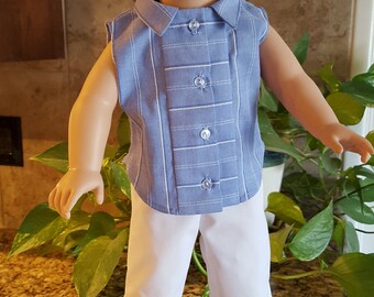 Blue STRIPE sleeveless SHIRT white cropped PANTS for American Girl type doll clothes