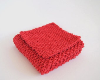 hand knit red cotton washcloth and bath scrubber set