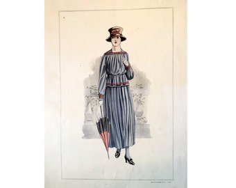 1917 ANTIQUE FRENCH FASHION lithograph - original antique print - fashion illustration design fashion designer - blue grey dress