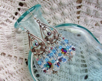 Silver chandelier earrings with crystal and dragonfly beads