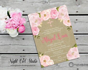 Baptism Invitation, Girl Baptism Invite, Floral, Pink, Kraft, Christening, Confirmation, Communion