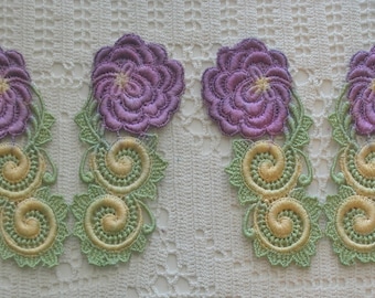 Crazy Quilt Hand Dyed Venise Lace Rose Applique, Trim Embellishment