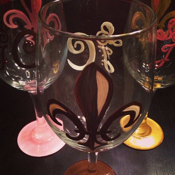 Fleur De Lis Wine Glass with monogram on the back monogrammed wedding gift 209