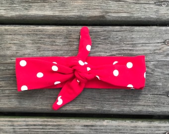 Red Tie Knot - Tie knot headband - top knot headband - baby girl headband - one size - knot headband - polka dot headband - red headband