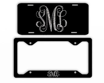 Black Vine License Plate Car Tag Silver Look Monogram Frame Personalized Set Custom Initials Car Coasters NOT ACTUAL GLITTER