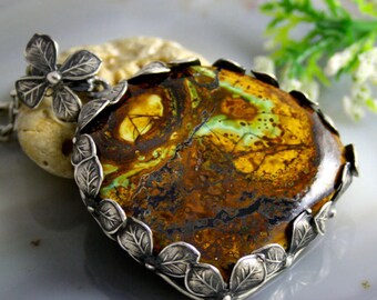Statement Pendant Zarinite Stone Necklace Sterling Silver Jewelry