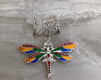 Rainbow Dragonfly Scarf Bail, silver bail, scarf pendant, scarf ring, scarf slider, scarf accessory, scarf jewelry, scarf jewellery, scarf