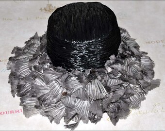 Black Wide Brim Hat, Black Straw Hat, Black and White Hat, Black Cello Hat, Organza Curls, Black Vintage Hat, Wide Brimmed Hat