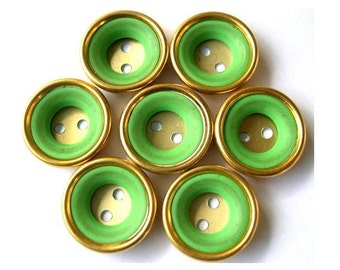 6 Vintage buttons gold color metal with green plastic circle, 18mm