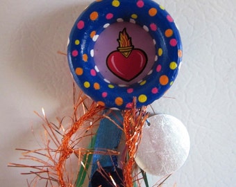 Mexican Magnet, Sacred Heart Magnet, Day of the Dead, Mexican Folk Art, Mexican Kitsch, Catholic Magnet, Mexican Decor, Mexican Wood Magnet