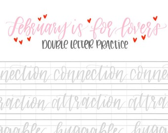 Hand Lettering Practice Sheets | DOUBLE LETTER Words - February | Brush Lettering Challenge | Calligraphy Practice