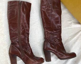 Retro Seventies Knee High Boots, Size 5.5, Made in Spain, Heeled Boots