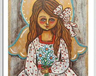 Little girl with flowers print Little girl wall art White angel Kids bedroom decor Girls room prints Nursery art Little girls room wall art