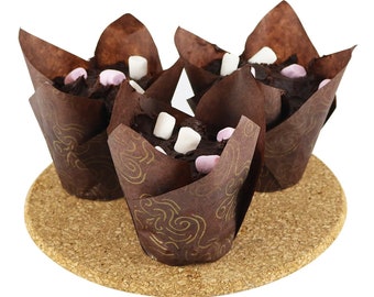 200 Pack of Brown Tulip Shaped Muffin Cases With Gold Floral Patterns Party Supplies Event Accessory Baking Sleeves Cooking Baking