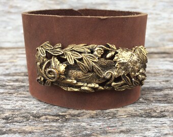 Distressed Brown Leather Cuff with Vintage Brass Jewelry size Small to Medium by Stacy Leigh