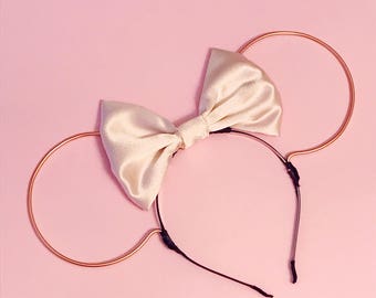 Pale Pink Satin Bow and Rose Gold Wire Mouse Ears Headband