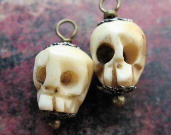 Carved Bone Skull Bead Charms - 1 pair - 18mm in length
