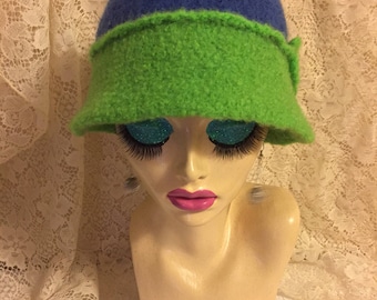 Royal Blue & Lime Green Vintage Inspired Crocheted Felted Cloche Flapper Hat 'Molly'