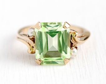Sale - Created Spinel Ring - 10k Rosy Yellow Gold Synthetic Green Stone Cultured Pearls - Sz 7.5 Retro Emerald Cut StatementKSK Fine Jewelry