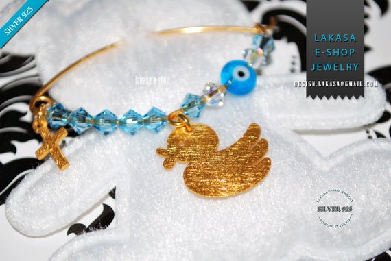 Happy Duck Baby Boy Brooch Sterling Silver Gold plated Cross Swarovski Crystals Jewelry Best idea Gift Baptism Christening Birthday Mother