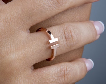 Parallel bars ring, Solid gold T ring, Bar ring, Open ring, Letter T ring, Rose T ring, Minimalist ring, Adjustable ring