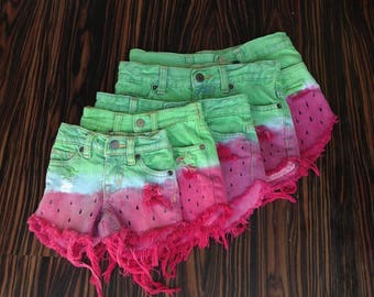 Kids high waisted shorts, Watermelon Ombre Dyed, Coachella hippy Boho Denim Cut-offs, distressed, Shredded, hand painted puff paint seeds