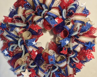 SALE Patriotic wreath, Memorial Day wreath, burlap patriotic wreath, mesh patriotic wreath, Americana wreath, 4th of July wreath, wreaths