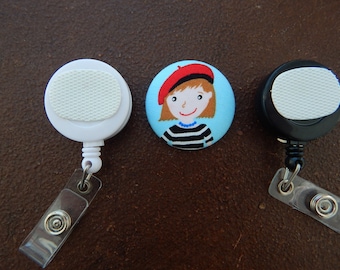 Fabric Covered Button for Clip on Retractable Badge Reel - French Girl with Beret