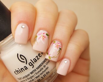 White pink lily nail art water decals/ 20pcs floral nail art decals/ Nail art water transfers/ Floral nail stickers/ art.ble141