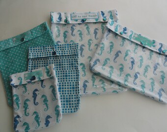 Seahorse & Aqua Ouch Pouch Set of 5 Clear Front Diaper Bag Organizers First Aid Medication Case Summer Holder Beach Totes Personalize