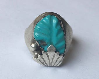 carved turquoise and sterling leaf ring, size 7.5
