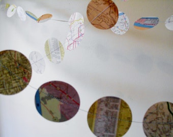 Paper Garland vintage map 2" circle paper garland custom wedding decoration, upcyled party decor, vintage shower decoration, map garland