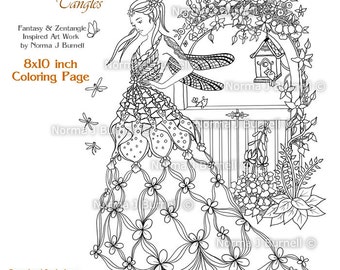 The Fairy's Gate Dragonfly Garden Fairy Printable Coloring books pages & sheets by Norma Burnell Fairies to color Digital and Adult Coloring