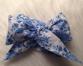 Blue Toile top knot bow headband