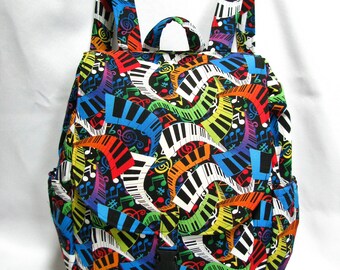 Large Backpack- Crazy fun piano cotton print