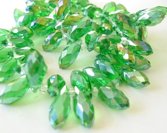 Green faceted briolette glass drop beads with ab finish 10 pcs