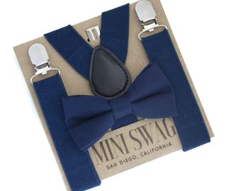 Navy Boys Wedding Bow Tie and Suspender Set, Ring Bearer Outfit, Navy Wedding Suspenders, Cake Smash Outfit, Navy Ring Bearer Bow Tie