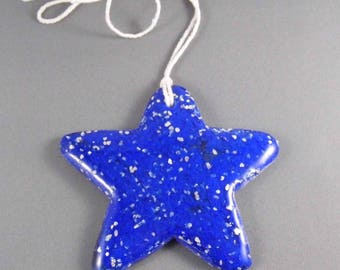 Cobalt Blue Glittering Star. Light Catcher. Hanging Ornament. Fused Glass. Hand Made. Unique.