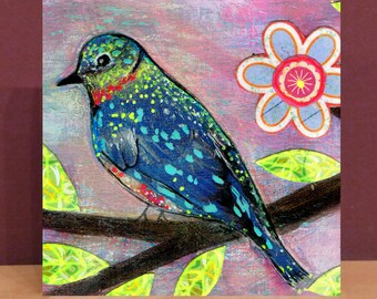 Blue Bird Small Wooden Art Block Print, Bird Lover Gift, Small Bird Painting
